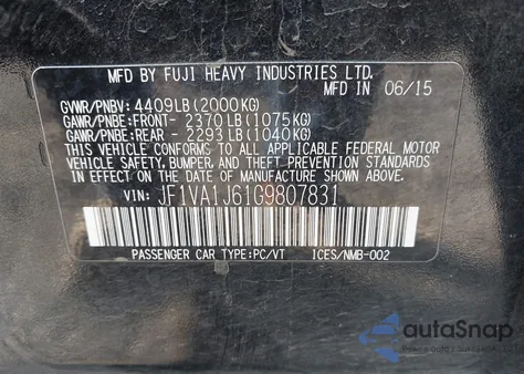 2016 Subaru Wrx Limited z USA, uszkodzony, nr VIN JF1VA1J61G9807831